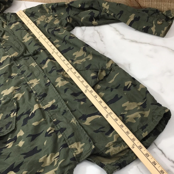 BP Nordstrom Green Camo Cotton Hooded Jacket Womens Small Snap Zip Up Longline - Picture 8 of 11